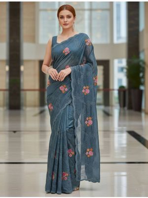 Dusty Blue Manipuri Silk Embroidered Saree With Cutwork