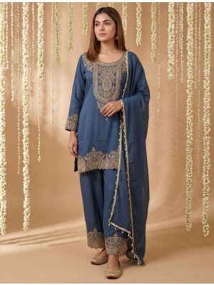 Dusty Blue Shimmer Tissue Embroidered Ready To Wear Salwar Kameez FABSL22554