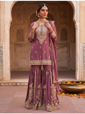 Dusty Mauve Chinon Free Size Ready To Wear Sharara Suit small FABSL22544
