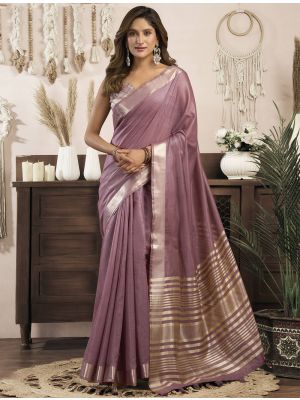 Dusty Mauve Khadi Cotton Saree With Zari