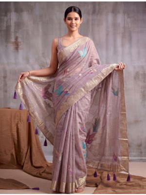 Dusty Mauve Linen Cotton Saree With Antique Zari Work