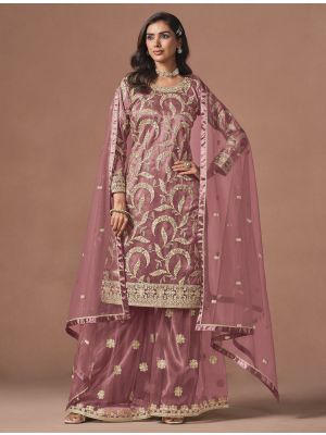 Dusty Mauve Net Zari Embroidered Semi Stitched Palazzo Suit small FABSL22557