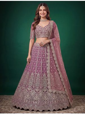 Dusty Mauve Net Zari Embroidered Wedding Lehenga small FABLE20605