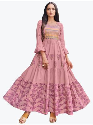 dusty pink cambric cotton designer long frock fabku20533