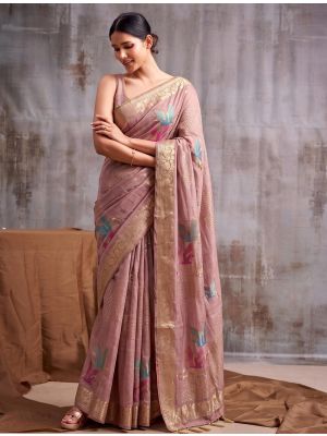 Dusty Pink Linen Cotton Saree With Antique Zari Work