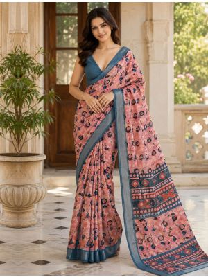 Dusty Pink Linen Silk Floral Print Saree