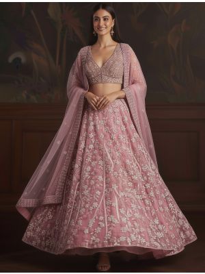 Dusty Pink Net Embroidered Wedding Lehenga small FABLE20538