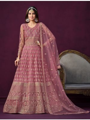 Dusty Pink Net Semi Stitched Anarkali Suit With Sequins small FABSL21708