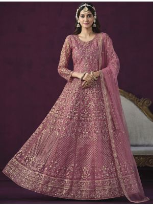 Dusty Pink Net Semi Stitched Sequined Anarkali Suit small FABSL21675