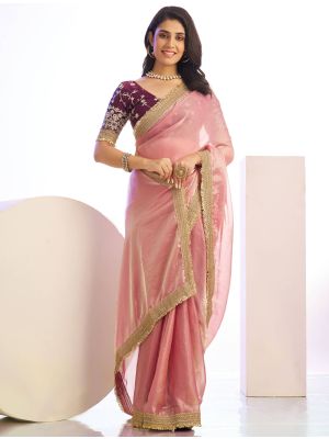 Dusty Pink Satin Adorned Party Wear Saree