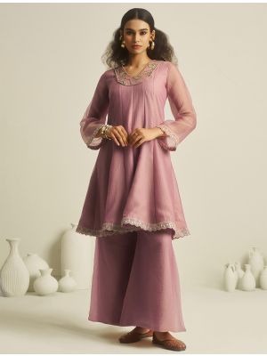 dusty pink tissue kurta bottom set with hand work fabku21167