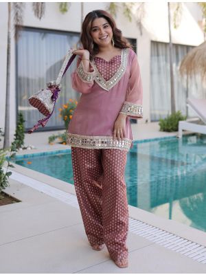 dusty rose art silk kurta pant set with potli bag fabku21183