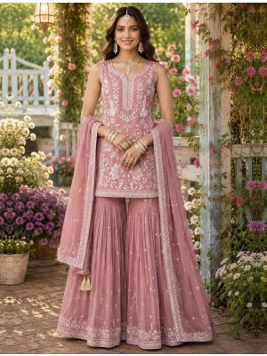 Dusty Rose Chiffon Free Size Ready To Wear Sharara Suit small FABSL22536