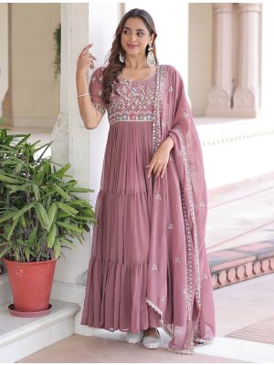 dusty rose faux georgette gown with dupatta fabgo20402