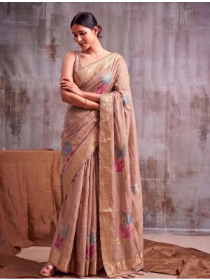 Dusty Rose Linen Cotton Saree With Antique Zari Work