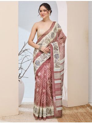 Dusty Rose Silk Blend Printed Ready To Wear Saree