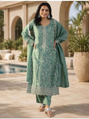 Dusty Sage Green Vichitra Silk Embroidered Ready To Wear Salwar Kameez swatch FABSL22581