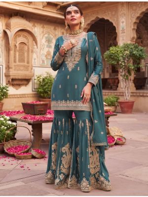 Dusty Teal Chinon Free Size Ready To Wear Sharara Suit small FABSL22543