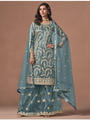 Dusty Teal Net Zari Embroidered Semi Stitched Palazzo Suit small FABSL22560