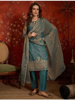 Dusty Teal Silk Blend Embroidered Ready To Wear Salwar Kameez FABSL22605