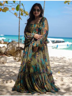 fern green georgette digital printed flared gown   fabgo20315