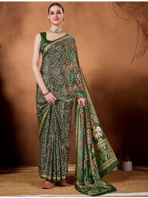 Forest Green Satin Silk Ready To Wear Saree With Bandhani Print