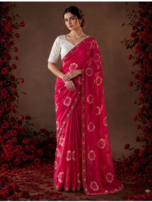Fuchsia Pink Floral Print Chiffon Saree With Embroidery