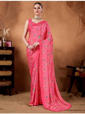 Fuchsia Pink Satin Silk Ready To Wear Saree With Bandhani Print