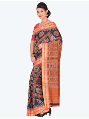 Blue and Orange Handwoven Sambalpuri Pure Cotton Designer Saree small FABSA21038