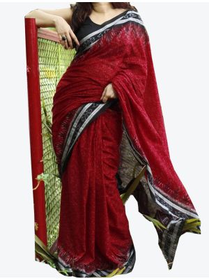 Crimson Red Handwoven Sambalpuri Pure Cotton Designer Saree small FABSA21041