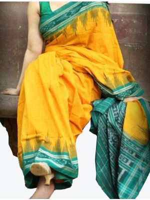 Dark Yellow Handwoven Sambalpuri Pure Cotton Designer Saree small FABSA21040