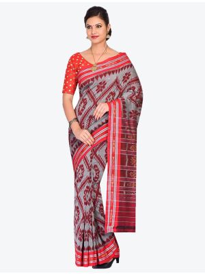 Grey and Red Handwoven Sambalpuri Pure Cotton Designer Saree small FABSA21032