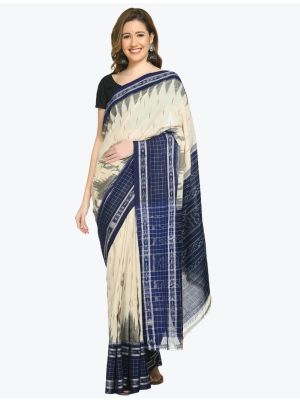 Cream And Blue Pure Sambalpuri Handloom Ikat Cotton Saree FABSA21709