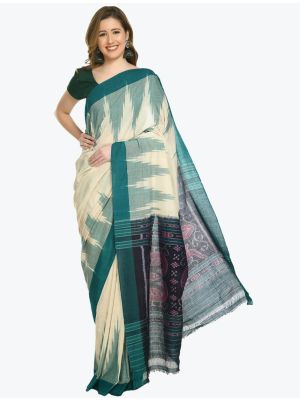 Cream And Green Pure Sambalpuri Handloom Ikat Cotton Saree FABSA21703