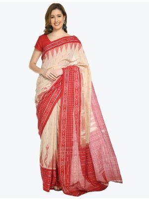 Cream And Red Pure Sambalpuri Handloom Ikat Cotton Saree FABSA21713
