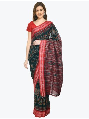 Green And Red Premium Sambalpuri Handloom Ikat Cotton Saree FABSA21694