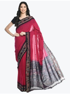 Magenta And Black Pure Sambalpuri Handloom Ikat Cotton Saree FABSA21708