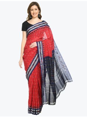 Red And Blue Premium Sambalpuri Handloom Ikat Cotton Saree FABSA21690