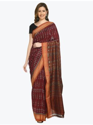 Tribal Maroon Premium Sambalpuri Handloom Ikat Cotton Saree FABSA21693