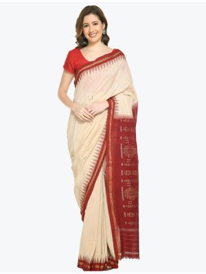 Tussar And Maroon Premium Sambalpuri Handloom Ikat Cotton Saree FABSA21711