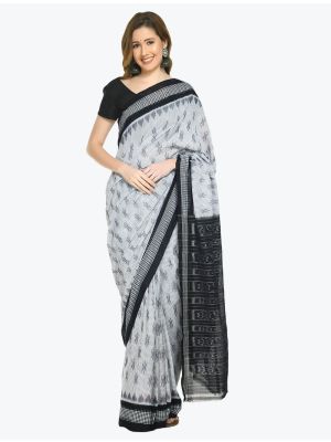 White And Black Premium Sambalpuri Handloom Ikat Cotton Saree FABSA21696