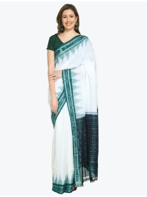 White And Green Pure Sambalpuri Handloom Ikat Cotton Saree FABSA21707