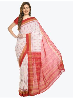 White And Light Red Premium Sambalpuri Handloom Ikat Cotton Saree FABSA21691