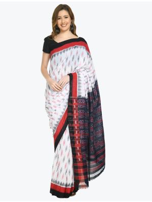White Red And Black Premium Sambalpuri Handloom Ikat Cotton Saree FABSA21697