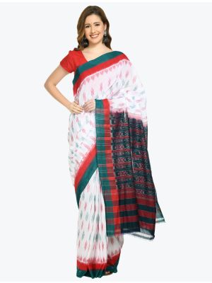 White Red And Green Premium Sambalpuri Handloom Ikat Cotton Saree FABSA21698