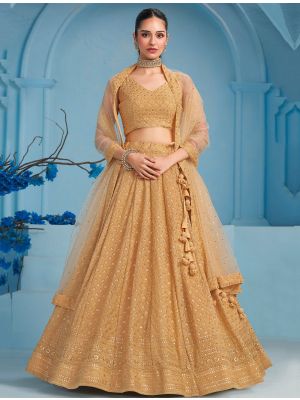 Gold Beige Georgette Semi Stitched Embroidered Lehenga small FABLE20453