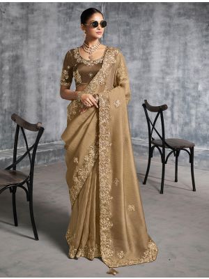 Golden Beige Tissue Silk Embroidered Designer Saree