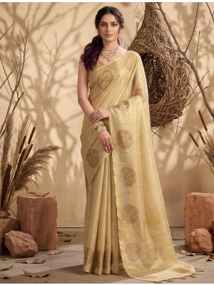 Golden Beige Tissue Silk Saree With Gold Zari Woven Motifs