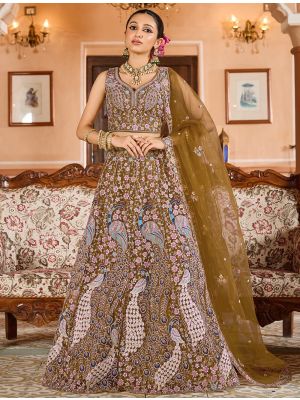 Golden Brown Net Sequined Lehenga Choli With Thread Work small FABLE20549