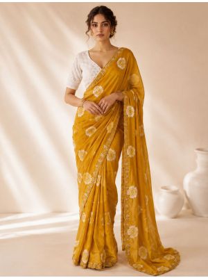 Golden Mustard Floral Print Chiffon Saree With Embroidery